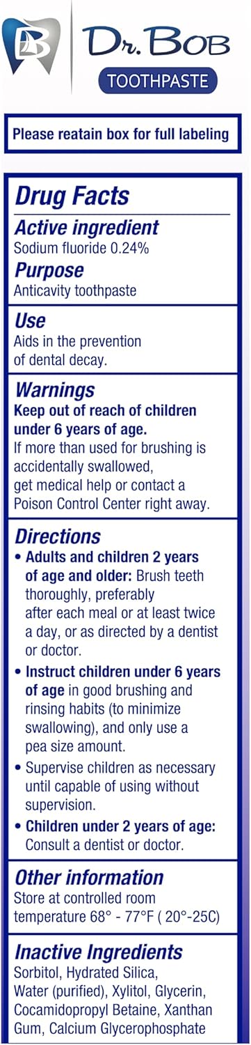 Dr. Bob Unflavored Anticavity Fluoride Toothpaste for Kids, Dentist-Recommended Gel with Xylitol, 4 oz., 1-Pack
