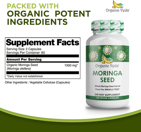 Organic Veda Moringa Seed Capsules - 1000mg Natural Moringa Seed Powder, Nutrients, Antioxidants, 120 Count