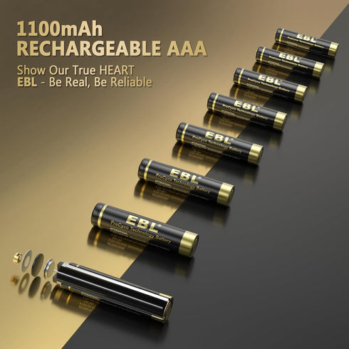 EBL Gold Pro Rechargeable AAA Batteries 1.2V 1100mAh NIMH Battery Upgraded High Performance AAA Batteries Precharged Triple A Battery - 16 Packs