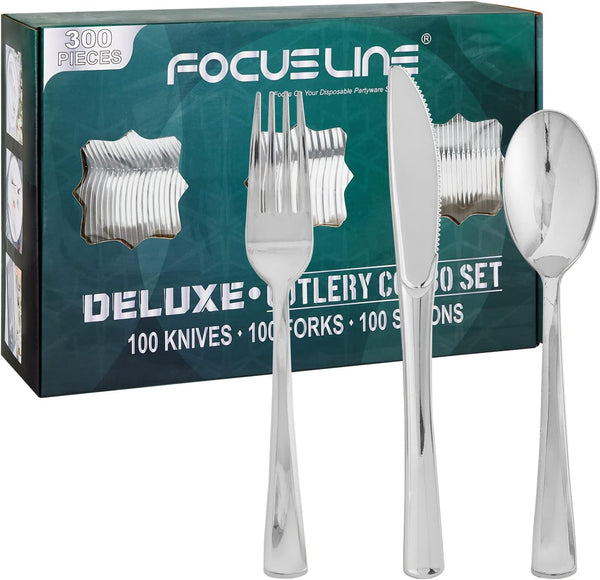 FOCUSLINE 300 Pack Silver Plastic Cutlery Set, 100 Forks, 100 Knives, 100 Spoons, Heavy Duty Disposable Flatware