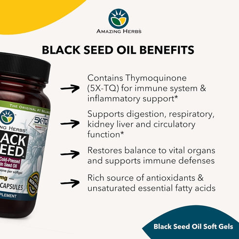 Amazing Herbs Premium Black Seed Oil Capsules - Gluten Free, Non-GMO, Cold Pressed Nigella Sativa, 90 Count, 500mg