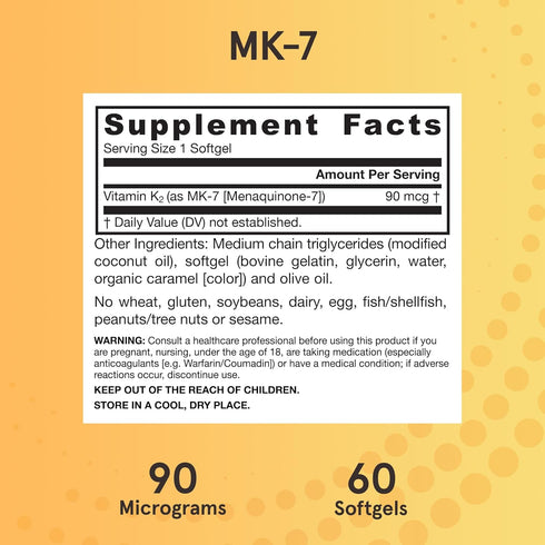 Jarrow Formulas MK-7 90 mcg, Bioactive Form of Vitamin K2, 60 Servings (Softgels), For Bone & Cardiovascular Health