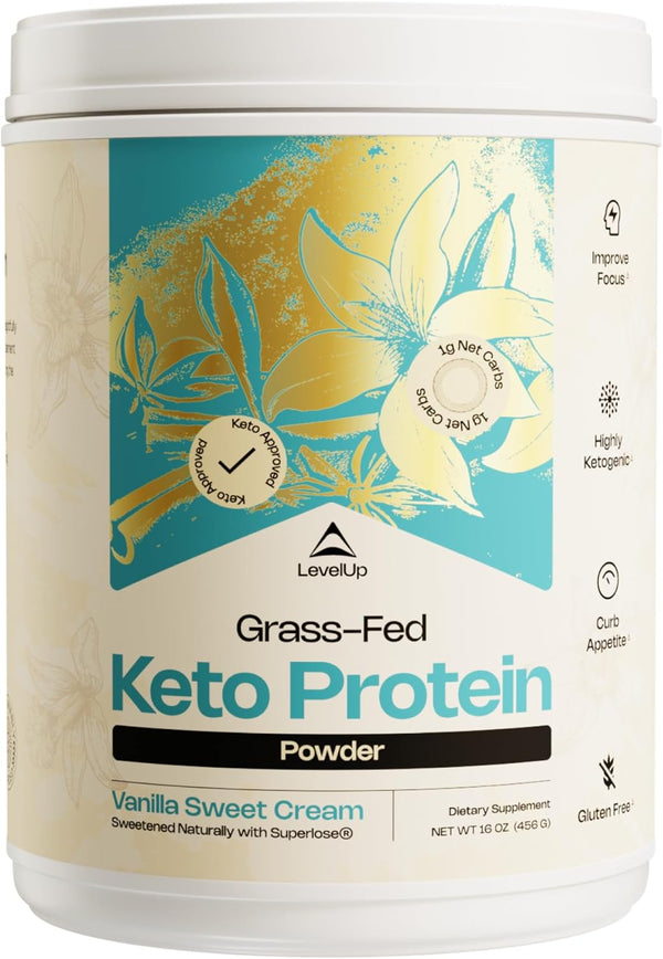 LevelUp Keto Protein Powder Supplement - Vanilla Sweet Cream, with Collagen Peptides, Energizing MCT, Whey Isolate
