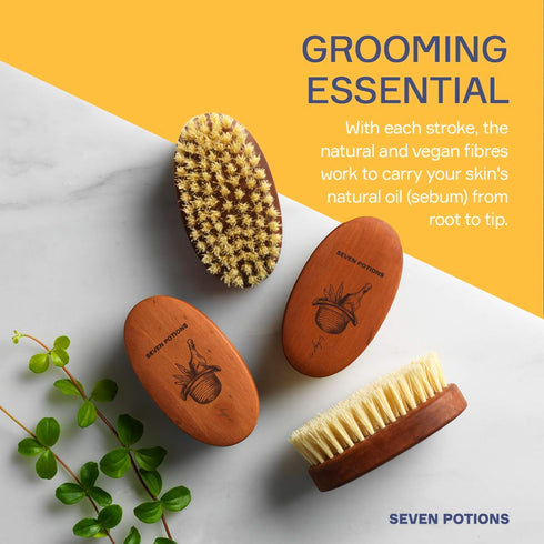 Seven Potions Vegan Beard Brush for Men — 100% Sisal Plant Fibre & Pear Wood with Firm Bristles to Tame/Soften