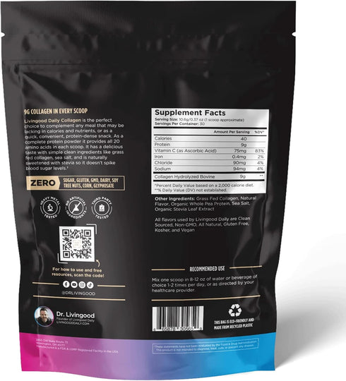 Livingood Daily Collagen Powder for Women & Men, Vanilla, Grass-Fed Hydrolyzed Collagen for Healthy Skin
