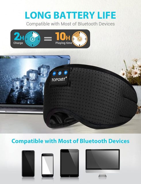 TOPOINT Bluetooth Sleep Mask, Eye Mask with Wireless Headphones, Silk Sleeping Eye Cover, Travel Music Headsets
