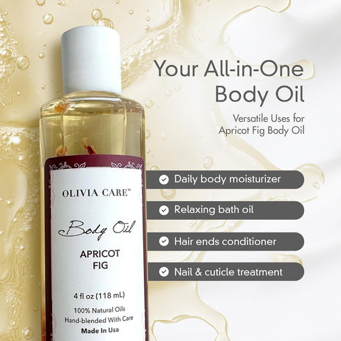 Olivia Care Body Oil Apricot Fig - Vegan Natural Moisturizing with Vitamin E, K & Omega Fatty Acids
