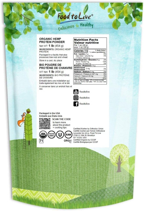 Food to Live Organic Hemp Protein Powder, 1 Pound — 50% Protein, Non-GMO, Non-Irradiated, Pure, Kosher, Vegan Superfood, Rich in Iron and Fiber