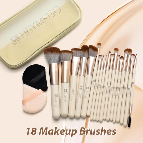 HEYMKGO 18pcs Professional Makeup Brushes Set with 2 Powder Puff & Travel Bag, Premium Synthetic Foundation Blush Kit