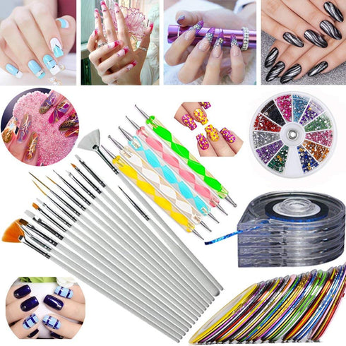 Nail Art Kit with 30 Striping Tape, 4 Striping Roller Box, 12 Colors Rhinestones, 5 Dotting Pens & 15 Brush Set