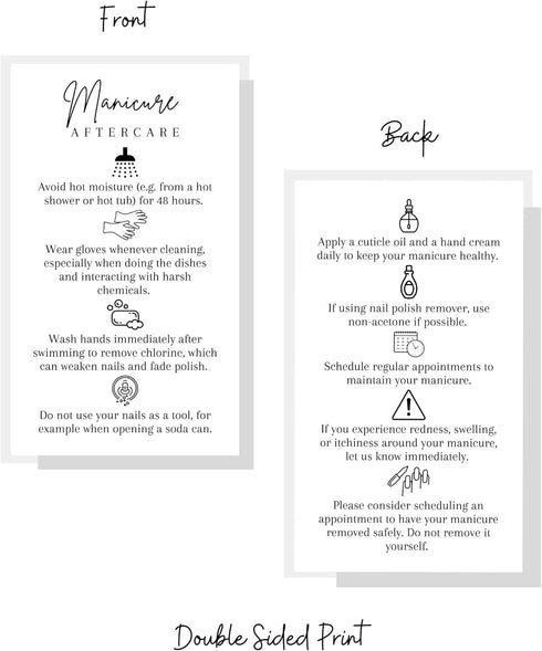 Manicure Aftercare Instruction Cards, 50pk Business Card Size Handout for Nail Care after Manicure or Pedicure