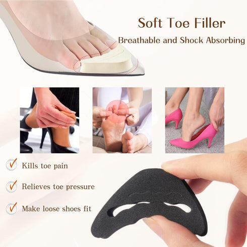 Shoe Inserts Foam Filler, 4 Pairs Adjustable Toe Inserts for Loose Shoes, Black and Beige