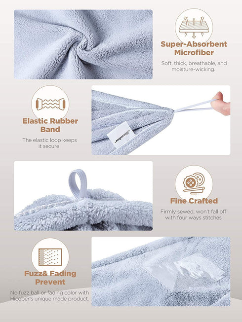 Hicober Microfiber Hair Towel - 3 Packs Hair Turbans for Wet Hair, Drying Wrap Towels (Blue, Grey, Pink)