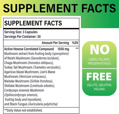 Active Hexose Correlated Compound 1500 mg Supplement, Natural 8 Mushroom Extract Supplement, Immune System, Liver Function, Natural Killer and T Cells Activity, 90 Veggie Capsules