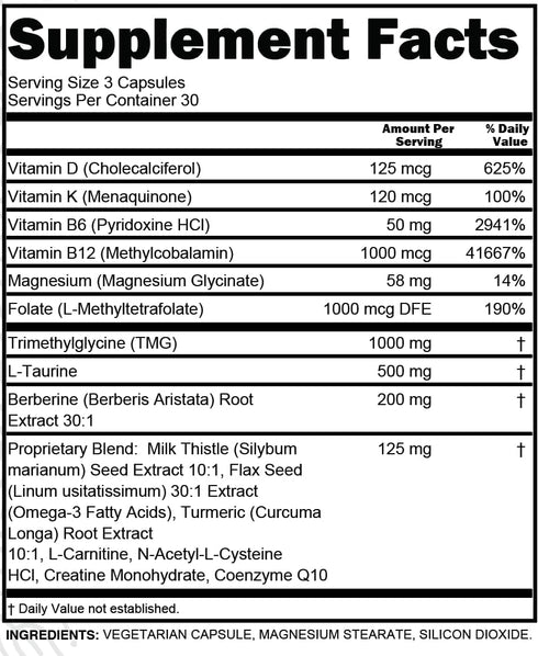 Clean Nutra TMG Taurine Supplement - 90 Ct - Methylated Multivitamin with B6, B12, D3, K2, Berberine, Magnesium, and
