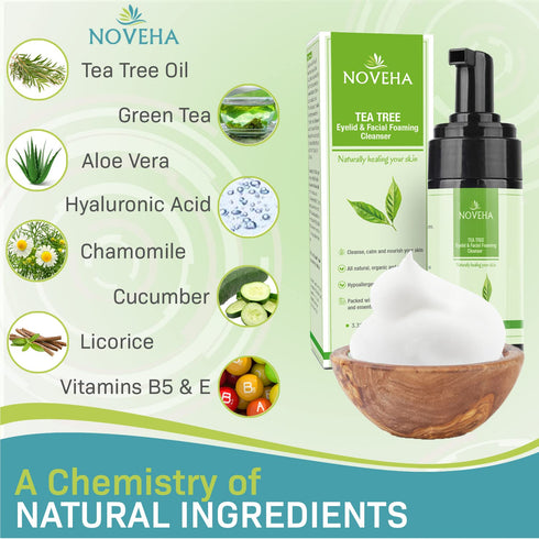 NOVEHA Tea Tree Oil Foaming Cleanser - Therapeutic Daily Skincare For For Eyelash & lids, MGD, Stye Eyes, Skin Dryness, Moisturize with Organic Ingredients, For All Skin Types (2 Pack)