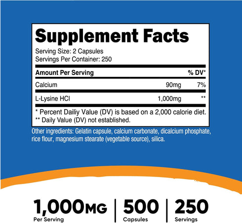 Nutricost L-Lysine 1000mg, 250 Servings, 500 Capsules, Gluten Free, Non-GMO