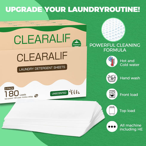 Laundry Detergent Sheets - Up to 180 Loads, Fresh Unscented, Eco-Friendly, Lightweight, No Plastic