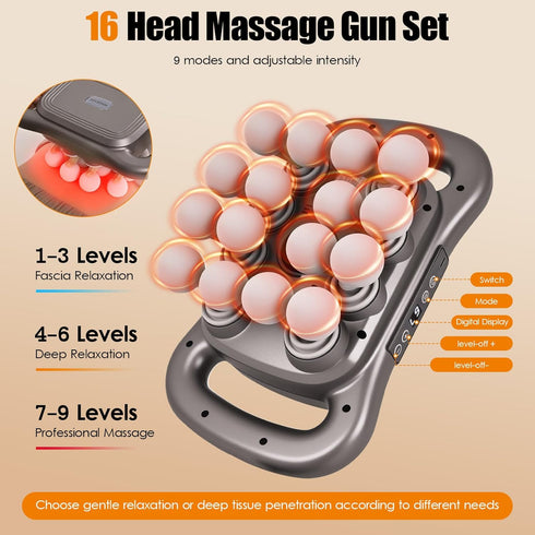 TOSEFES 2026 16 2600mAh 9 Head Massage Gun Deep Tissue Multi Head Massage Gun, Electric Percussion Massager with Modes