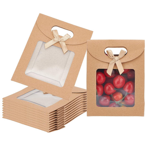 NBEADS 24 Pcs Kraft Paper Bags with Window, 4.7x2.4x6.2 Stand Up Gift Bags for Candy Cookies Packaging