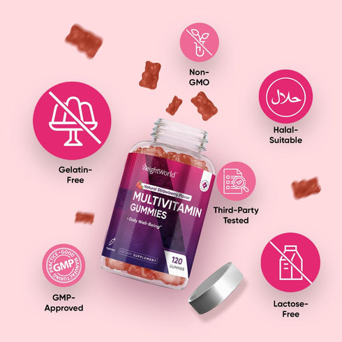 Gummies D3, B6, B12 50+ Gummies 120 WeightWorld Adult Multivitamin for Women & Men of All Age - Halal-Suitable with Key