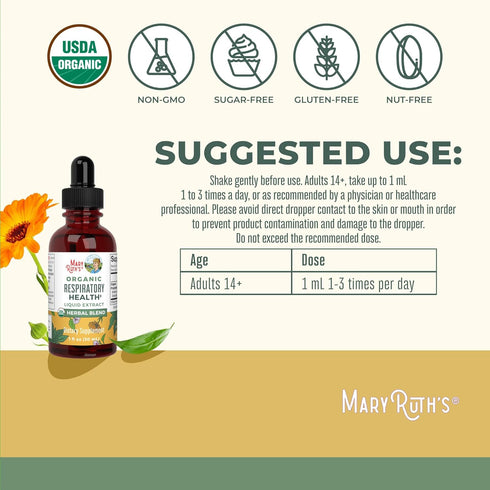 MaryRuth Organics USDA Organic Respiratory Health Liquid Drops with Mullein Leaf, Marshmallow Root & Elderberry - 1 Fl