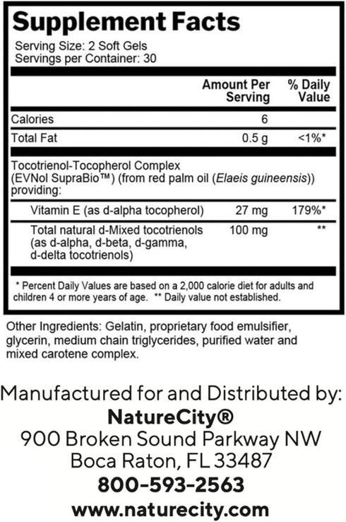True-E Full Spectrum Tocotrienols Vitamin E & Natural Alpha Tocopherol Supplement | Non-GMO, 60 Soft gels by NatureCity
