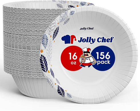 JOLLY CHEF 156 Count Heavy Duty Paper Bowls, 16 oz Soak Proof, Microwave Safe, Leaf Printed Disposable for Dinner
