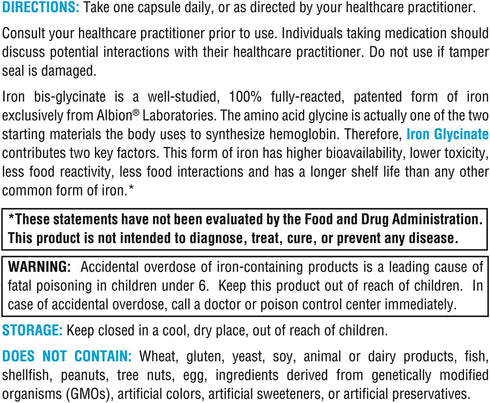 XYMOGEN Iron Glycinate, 120 Iron Capsules, Gentle & Highly Absorbable Iron Supplement for Women & Men, 29mg Patented