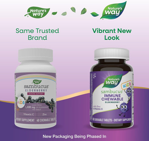 Nature's Way Sambucus Immune Chewable for Kids, Elderberry, Ages 2+, Vitamins C & A, 40 Tablets