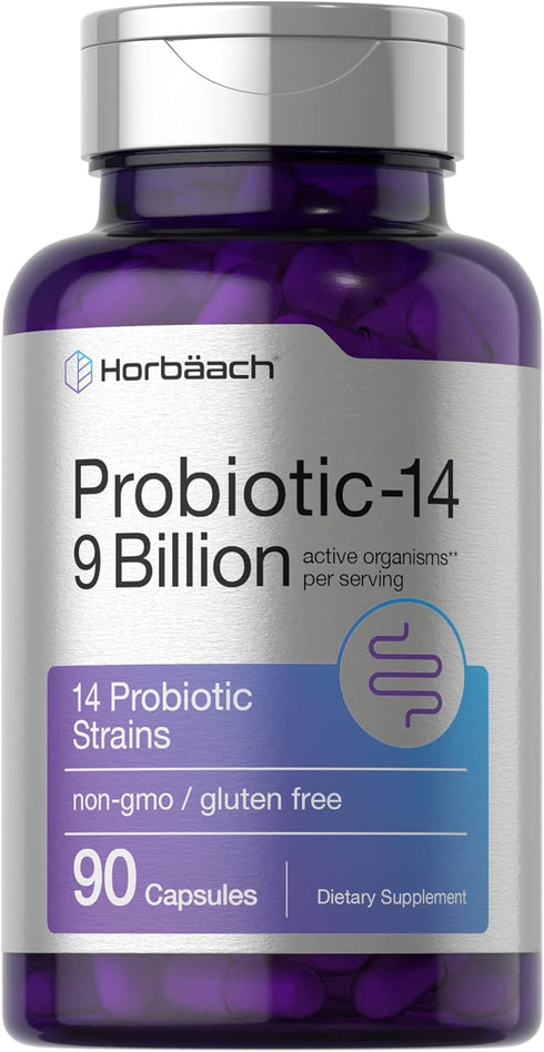 Horbaach Probiotics for Women & Men | 9 Billion CFU | 90 Capsules | 14 Strains | Non-GMO & Gluten Free