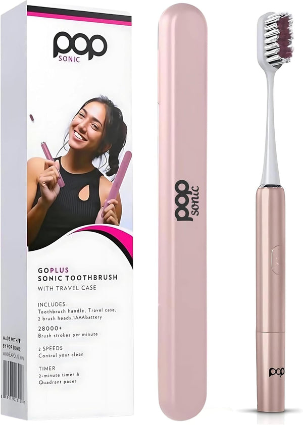 Pop Sonic Go Plus Travel Electric Toothbrush (Rose Gold) | 2 Speeds with 18000-24000 Vibrations Per Minute, Ultimate Set