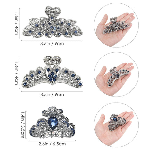 kilofly 3pc Vintage Crystal Hair Claw Clips, Long Thick Hair Metal Clamps