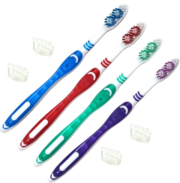 4pc Adult Medium Bristles Toothbrush with Caps, Comfort Hold Deep Clean, Cheek & Tongue Cleaner, Travel TSA Approved