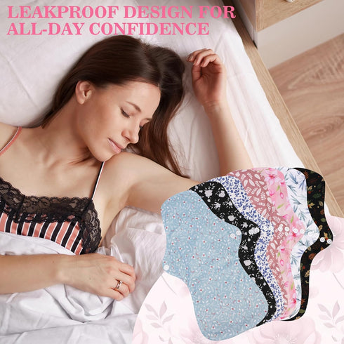 PHOGARY 7 Pack Set 1 33cm Reusable Menstrual Pads Large Sanitary Pads for Heavy Flow with Wet Bag, Washable Overnight