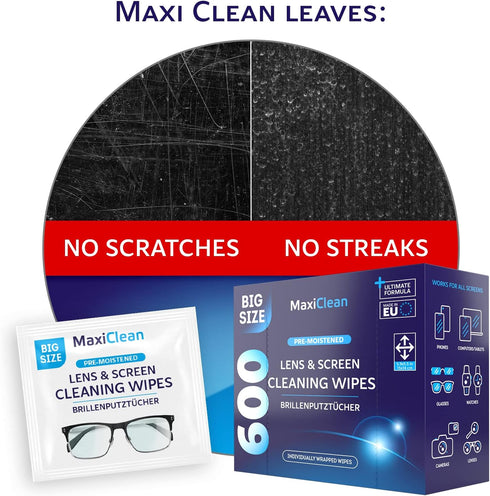 Maxi Clean 600 Glasses Wipes Lens Cleaner - Lens Wipes for Eyeglasses - Pre-moistened Individually Wrapped Wipes