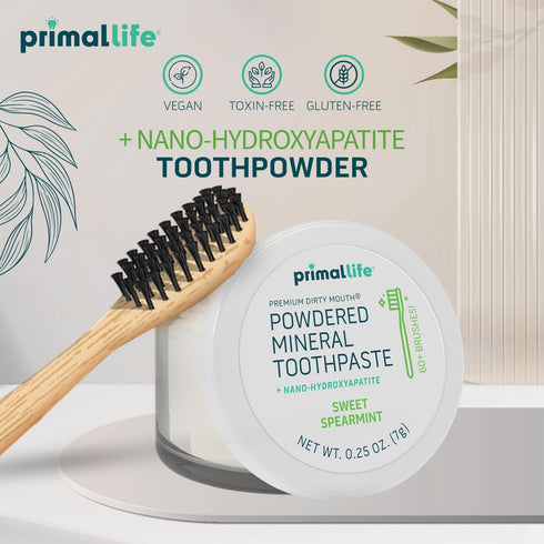 Primal Life Organics Dirty Mouth Toothpowder, 0.25 oz, Organic Vegan, Sweet Spearmint, 200+ Brushings