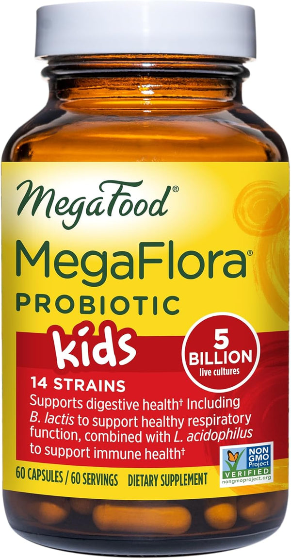 MegaFood MegaFlora Probiotic Kids, 60 Caps, Probiotics for Kids 5+, 14 Probiotic Strains & 5 Billion CFUs, Probiotics