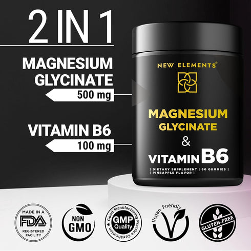 Magnesium Glycinate Gummies 500mg with Vitamin B6 100mg - Non-GMO, High Absorption for Stress Relief & Muscle Support