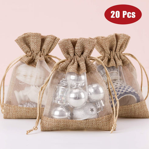 WRAPAHOLIC 20 pcs Burlap Drawstring Gift Bag - 4x5.5 inch Tan with One Side Organza Wedding Party Favor Bags