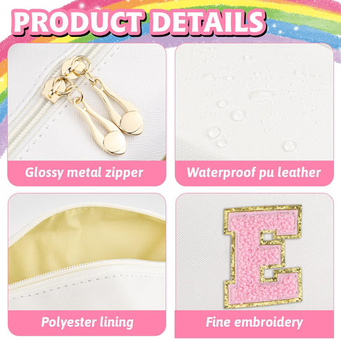 Initial Makeup Bag Personalized Waterproof PU Leather Chenille Letter Cosmetic Bag, Portable Travel Toiletry Bag