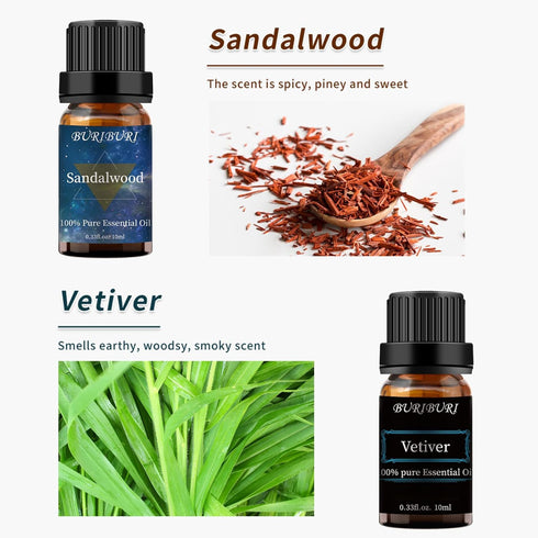 Set, 100% Set 4 10ml Sandalwood, Vetiver, Cinnamon and Rosemary Essential Oil Pure Diffuser Oil Gift for Massage, Soap