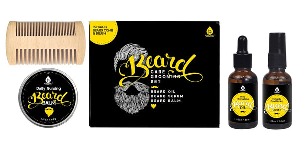 Pursonic Ultimate Beard Care Grooming Set - Includes Men's Beard Comb, Oil, Balm & Serum