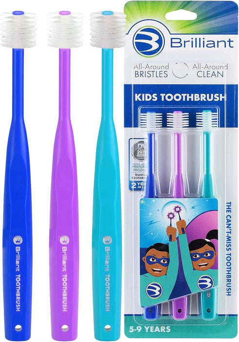 Brilliant Oral Care Kids Toothbrush, Soft Bristles, Round Head, Ages 5-9, Royal Purple Teal, 3 Pack