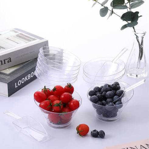 12 Pcs Plastic Clear Serving Bowls with Kitchen Scoops, Salad, Popcorn, Angled Candy Bowl for Cooking Parties, 210 ml