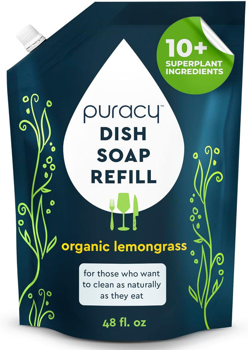 Puracy Natural Dish Soap Refill, Organic Lemongrass, 48 Oz, Skin-Softening Plant-Based Detergent