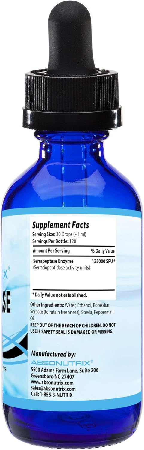 Absonutrix Serrapeptase Enzyme 583mg, 125000 SPU, 4 Oz Drops, Quick Absorption, Non-GMO, GMP Certified
