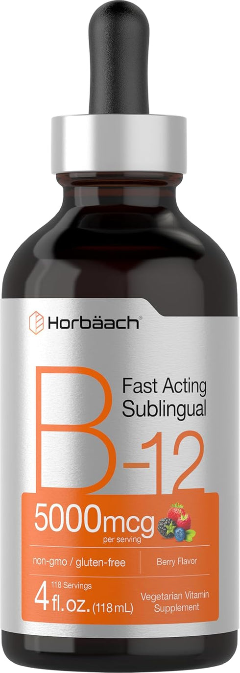Horbaach B-12, 5000mcg, 4oz, Berry Flavor Fast-Acting Sublingual Liquid Vitamin B12, Vegetarian & Non-GMO
