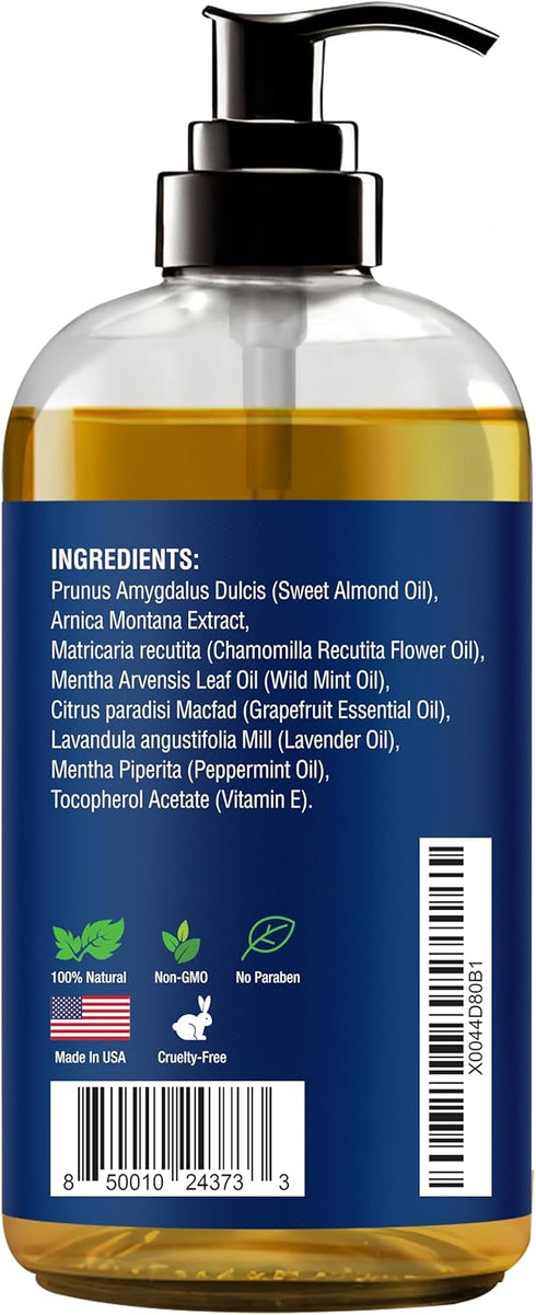 Sore Muscle Massage Oil 8 fl oz - Body Massage Oil with Peppermint, Lavender, Arnica for Pain Relief and Relaxation