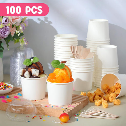 Ninehaoou 100 Pack Summer (6 oz) Ice Cream Cups with Dome Lids No Hole and Spoons Bulk Disposable Paper Dessert Bowls